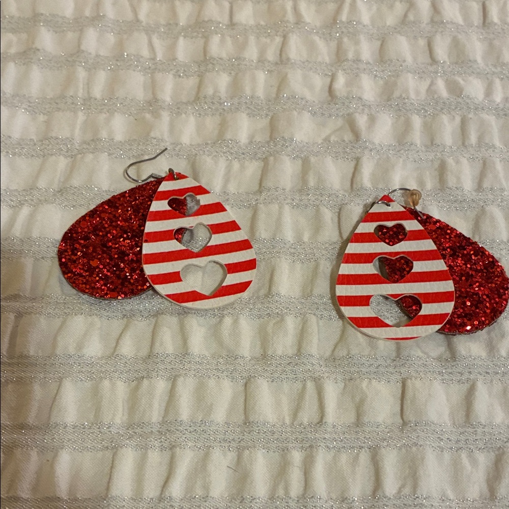 Red and White Striped Heart Earrings